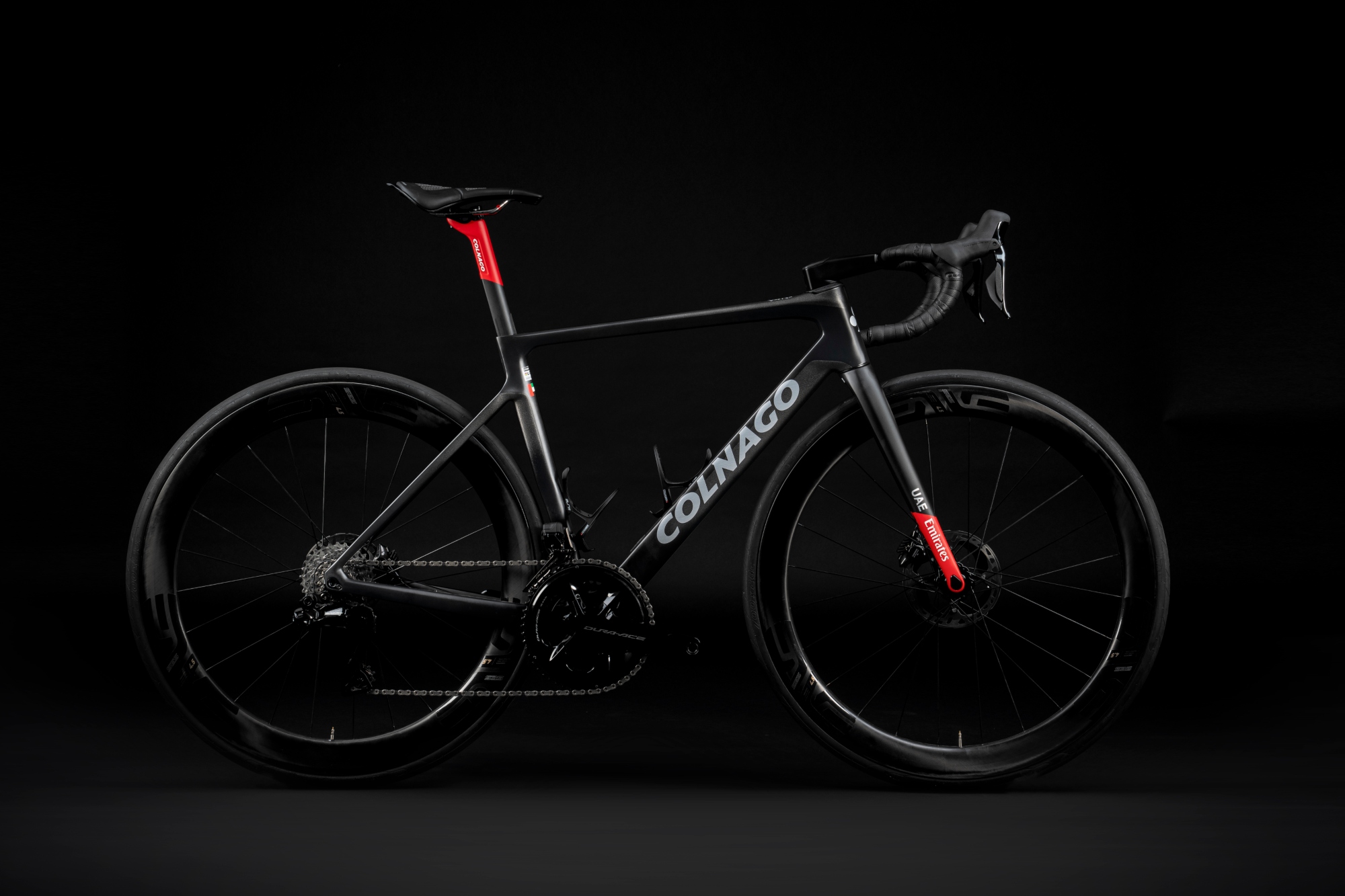 UAE Team Colnago V4Rs race bike on a black background